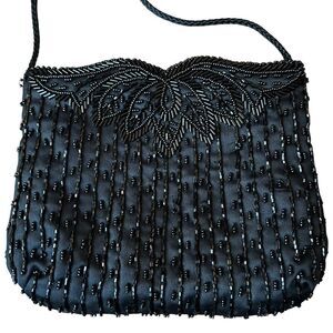 beaded cocktail purse Vintage-look in black satin, like new!
